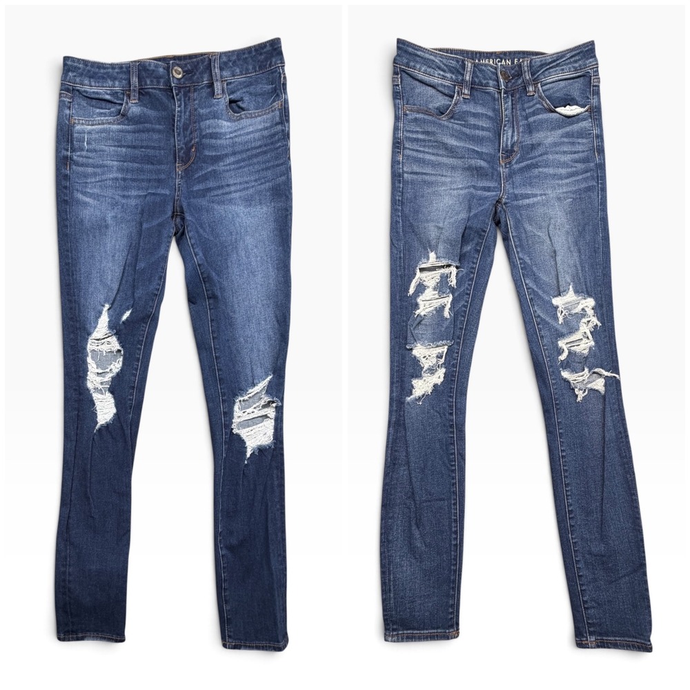 2 Pair American Eagle Hi-Rise Jegging Jeans Womens 8 Long Blue Distressed Skinny